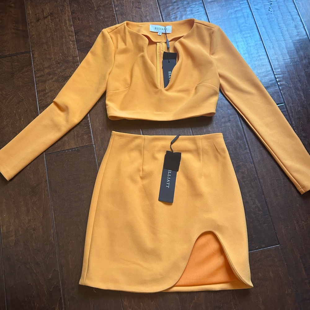 Elliatt Yellow Mini Pencil Skirt Asymmetrical Cocktail set. Victoria style
